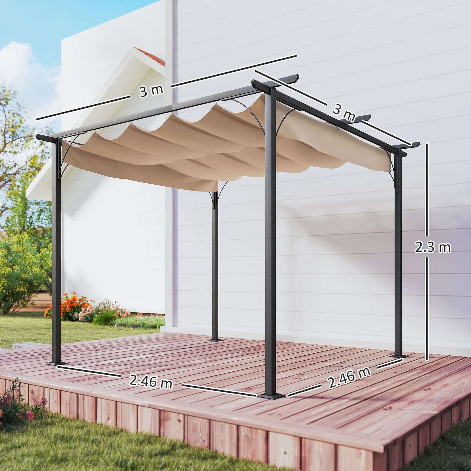 OUTSUNNY 3x3m Outdoor Pergola Metal Gazebo Porch Awning Retractable Canopy in Beige 3