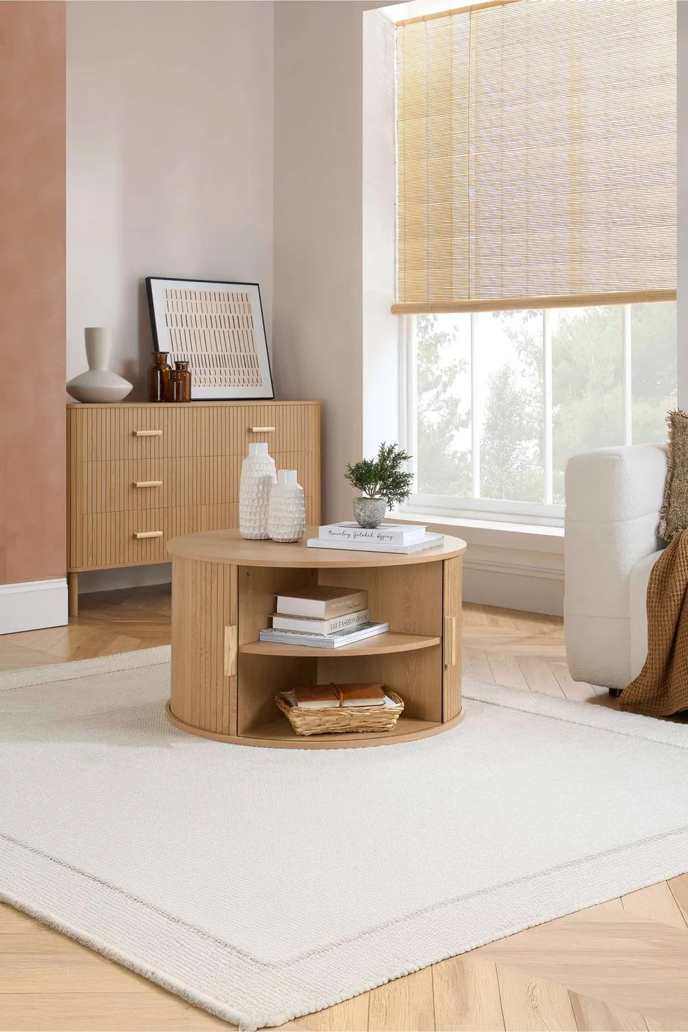 Birlea Axel Round Fluted Coffee Table with Storage Oak in Light Oak 2