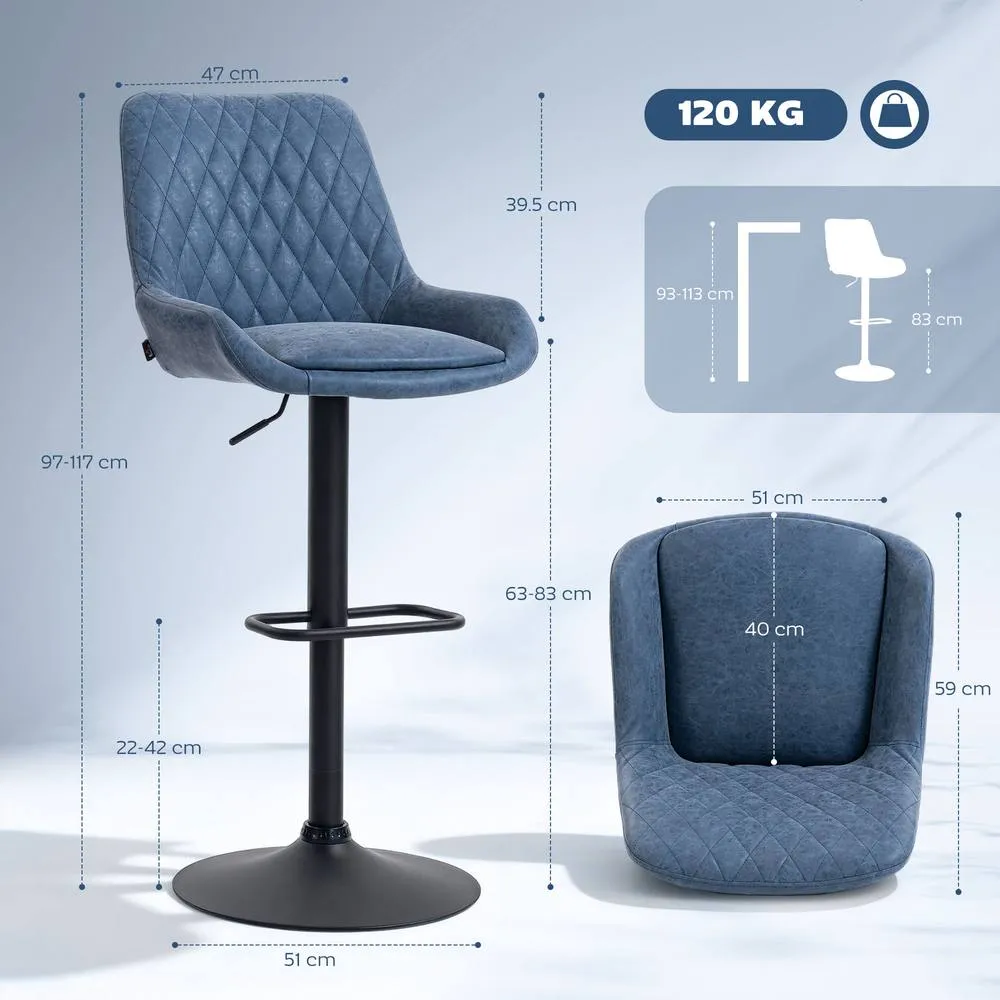 HOMCOM PU Leather Padded Bar Stools Set of 2 with Metal Base, Dark Blue 3