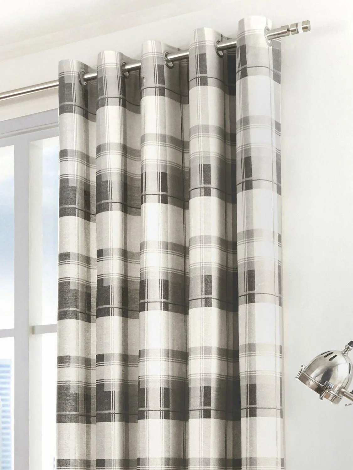 Fusion 'Balmoral Check' Country Checked Pattern Pair of Eyelet Curtains in Dark Grey 2