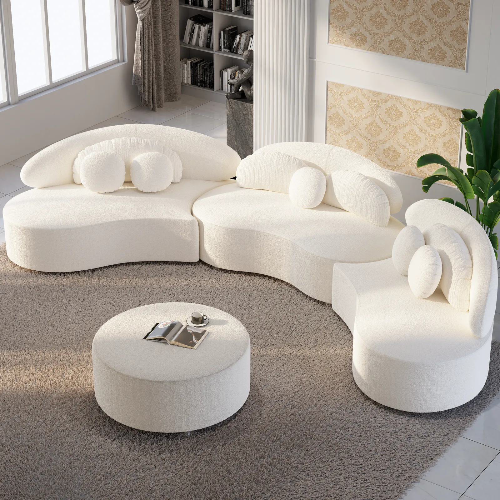 Modern 7 Seat Sectional Sofa Curved  Modular White Boucle Upholstered with Ottoman