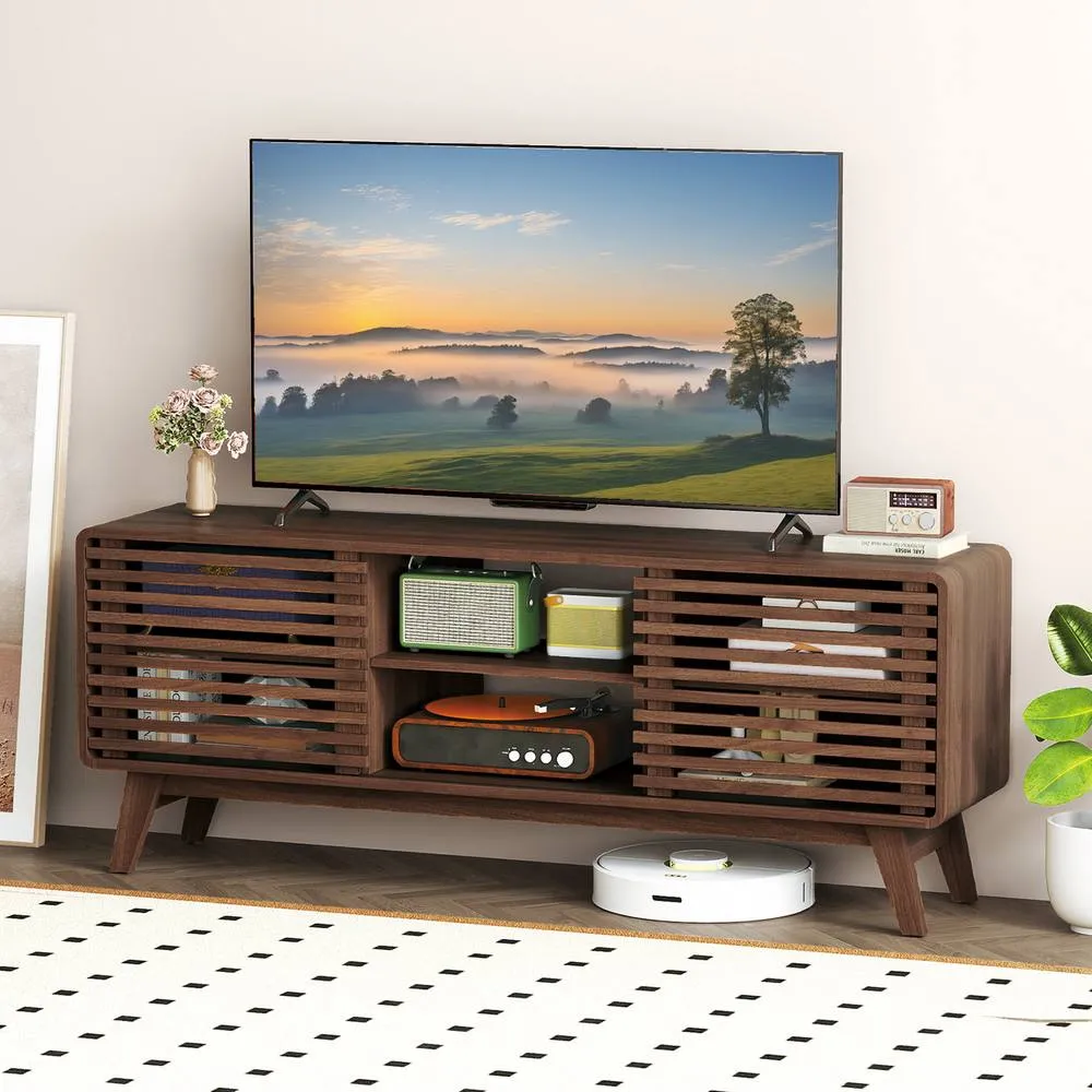 Costway Entertainment Center TV Stand for TVs up to 65" with Sliding Doors in Brown