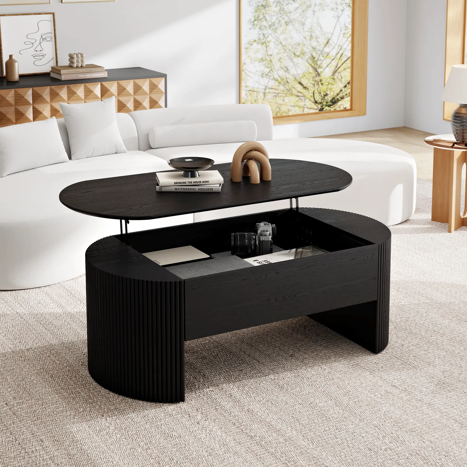 Black Oval Lift Top Mid-Century Modern Coffee Table