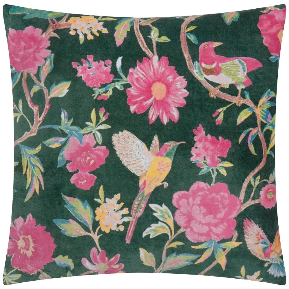 Wylder Aviary 100% Cotton Velvet Cushion in Dark Green 2