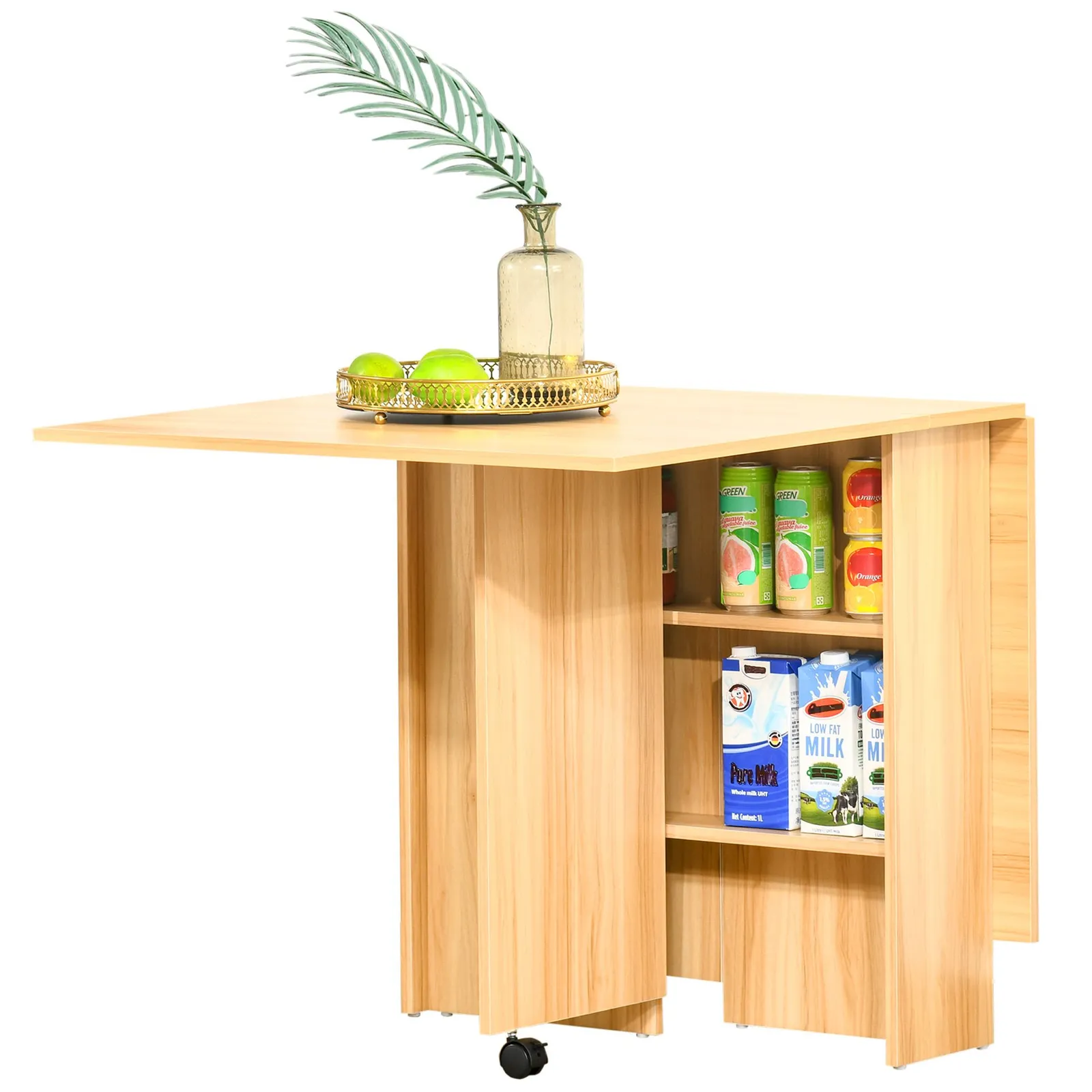 HOMCOM Foldable Dining Table with Storage Shelves for Kitchen, Dining Room in Natural 2