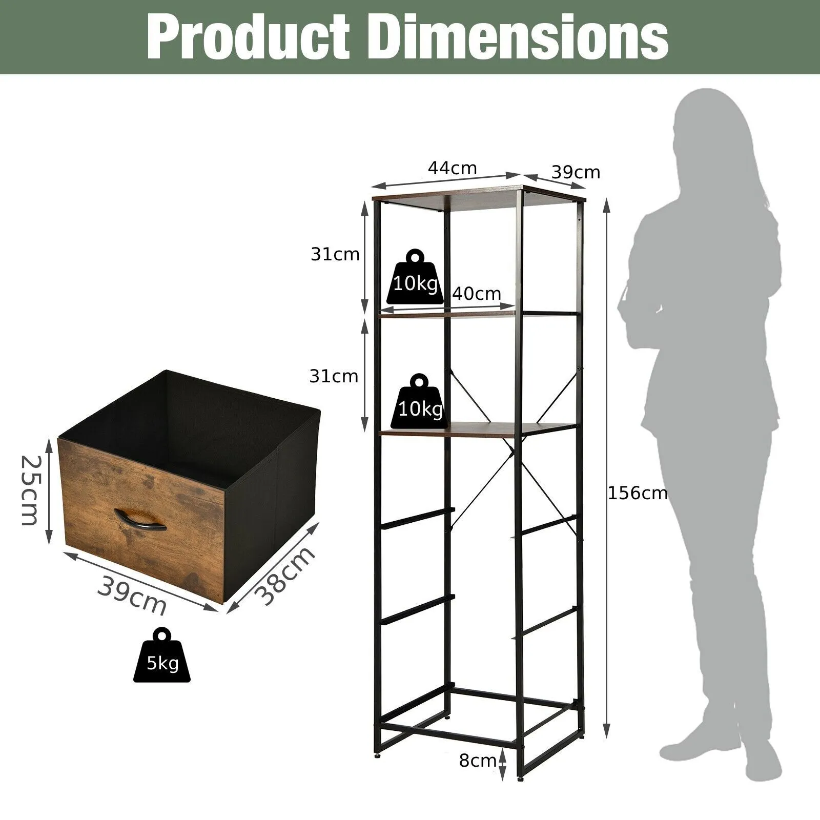 Costway Industrial Bookshelf 3Drawer Dresser Narrow Storage Rack w/ Steel Frame in Brown 2