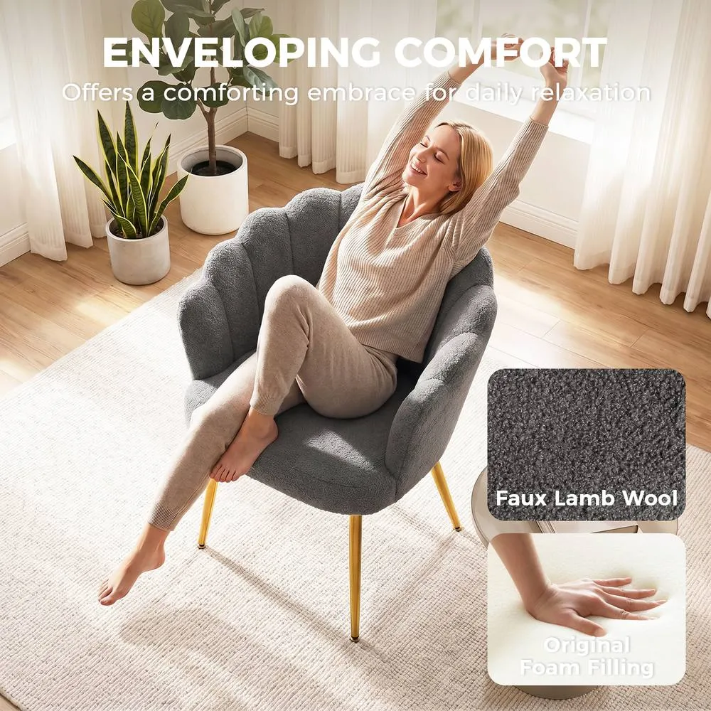 HOMCOM Petal-Back Lounge Chair with Faux Lamb's Wool & Metal Legs, Grey 5