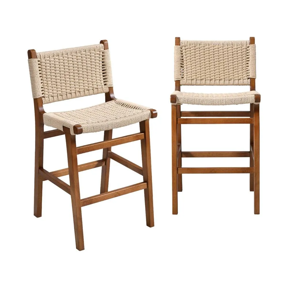 sweeek Set of 2 bar stools made of rubberwood with rope seating in Dark Brown 2