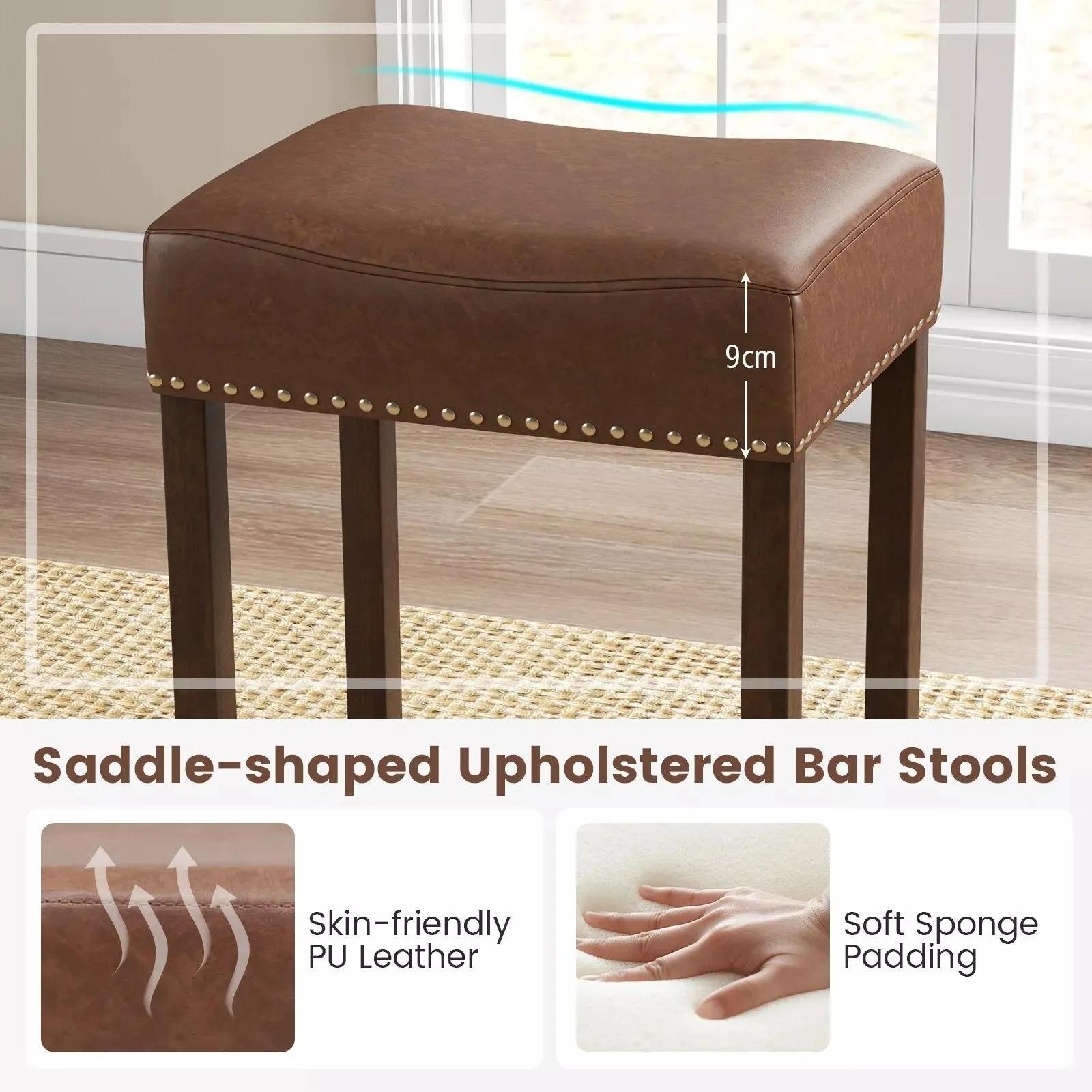Costway Set of 2 Bar Stools Upholstered Counter Height Saddle Stools PU Leather 60cm in Brown 5
