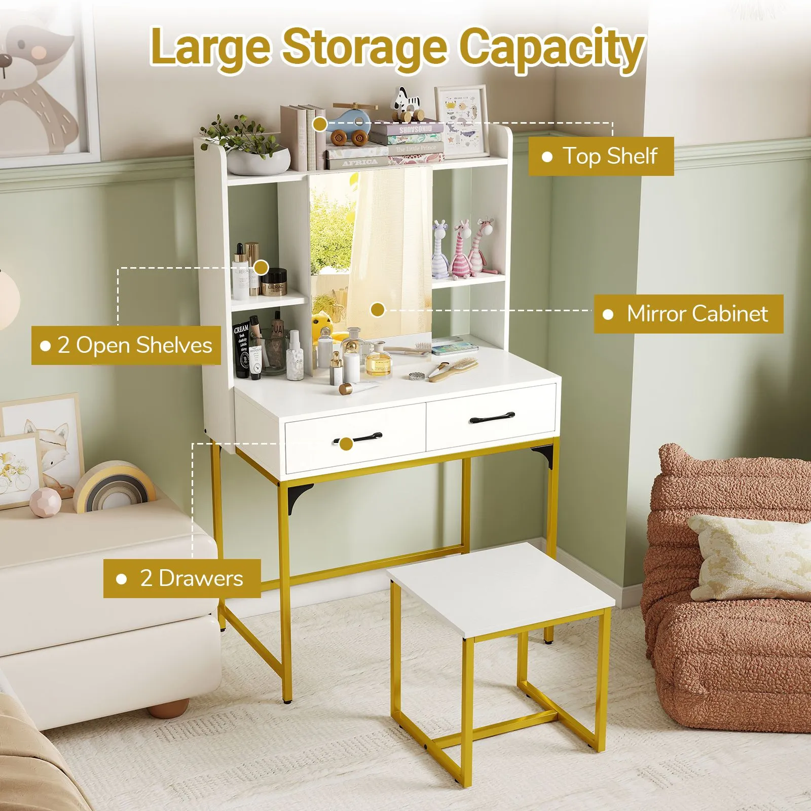 Costway Vanity Desk Wide Makeup Dressing Table with Power Outlets in White 5