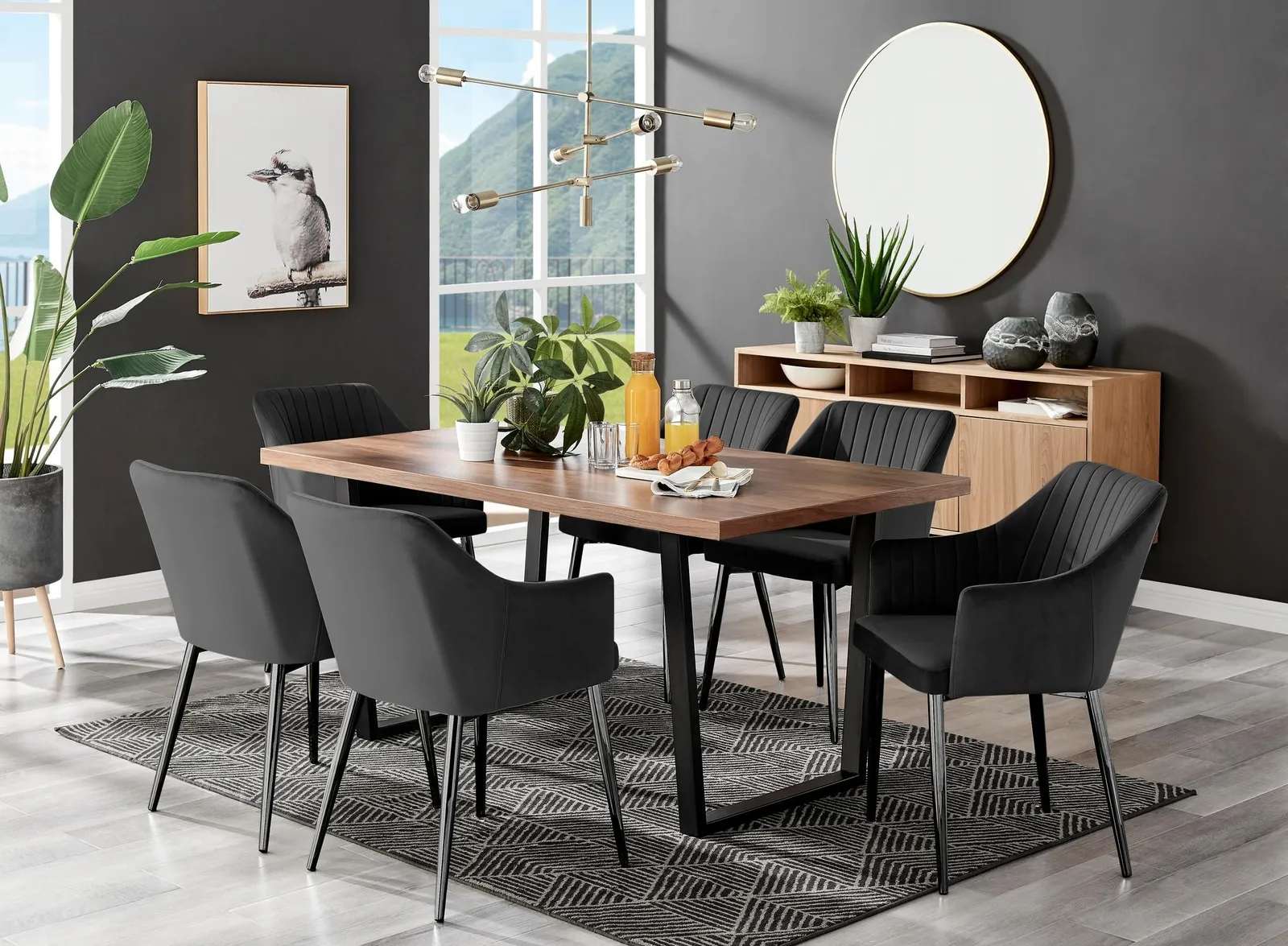 FurnitureboxUK Kylo Large Brown Wood Effect Dining Table & 6 Calla Black Leg Velvet Chairs