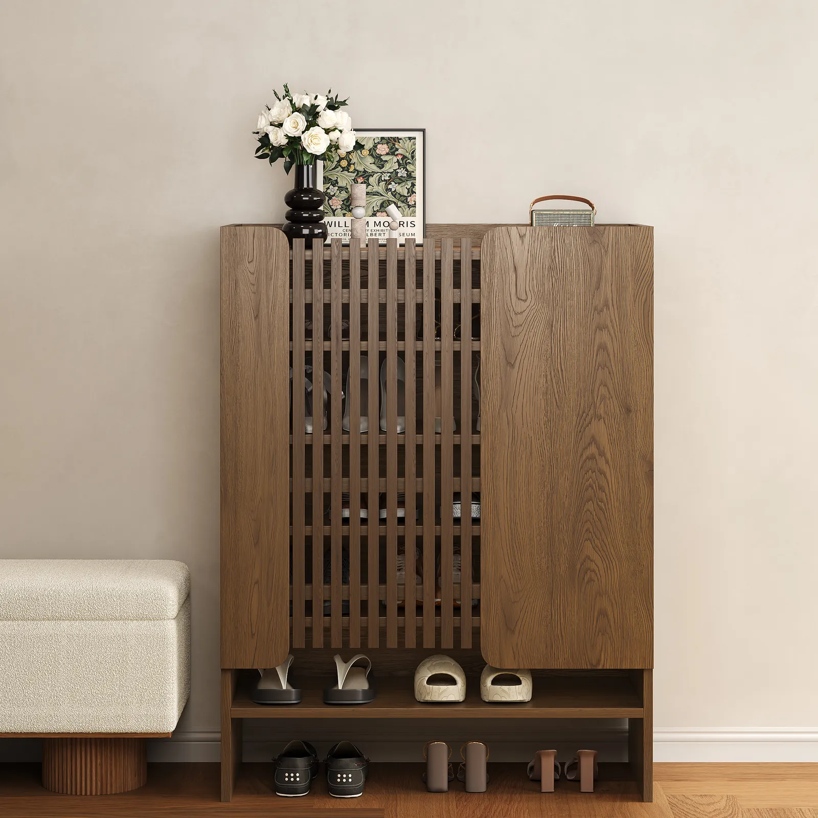 Solid Wood Shoe Rack for Entryway in Walnut 5-Tier Shoe Storage Cabinet for Closet
