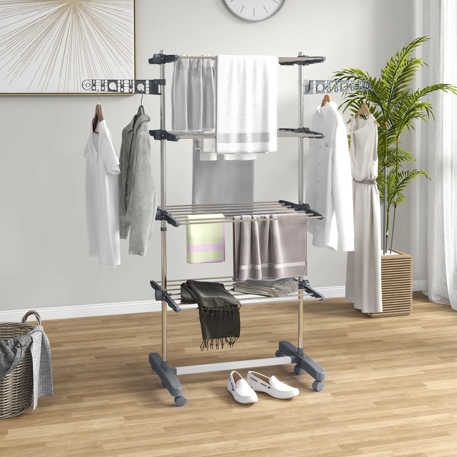 HOMCOM Large Clothes Airer Stainless Steel Clothes Drying Rack in Grey