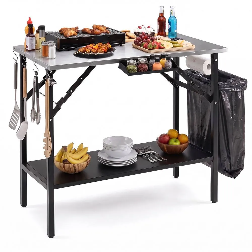 Costway Portable Grill Prep Table w/ Trash Bag Holder, Paper Towel Rack in Black
