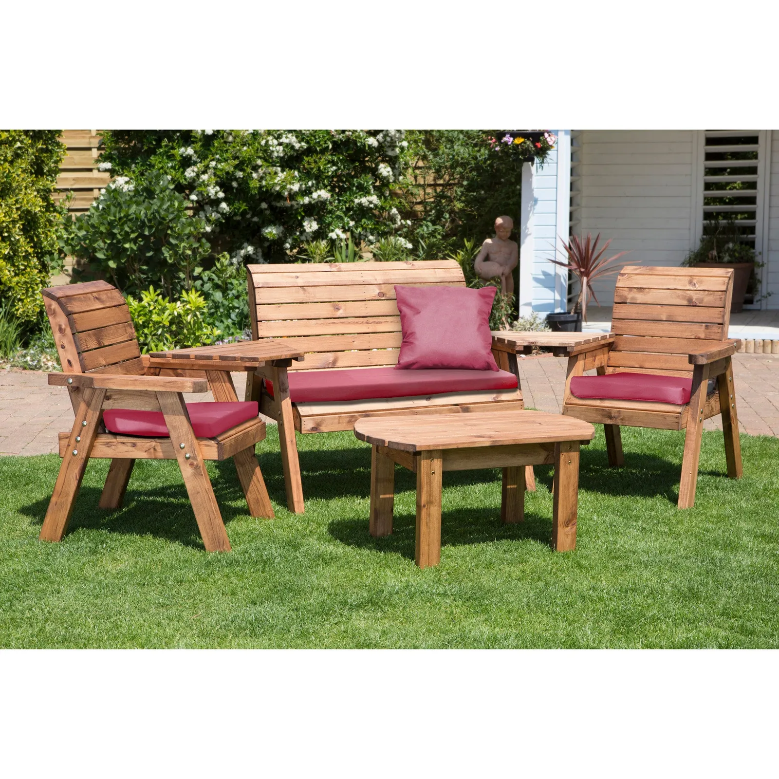 Charles Taylor 4 Seater Wooden Conversation Set with Burgundy Seat Pads Brown