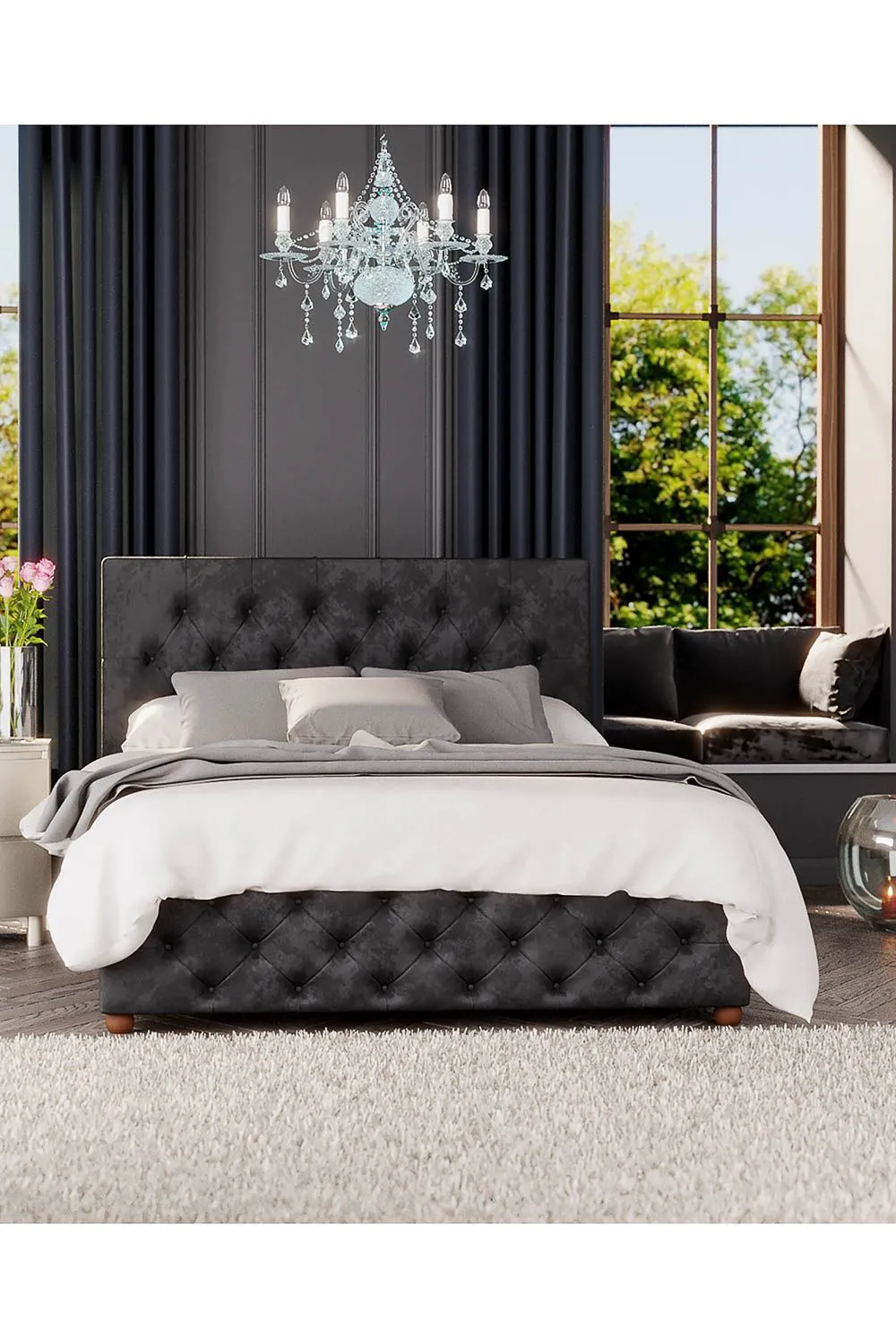 Laurence Llewelyn-Bowen Luna Ottoman Storage Bed in Mirazzi Velvet Fabric, Custom Made in Black 5