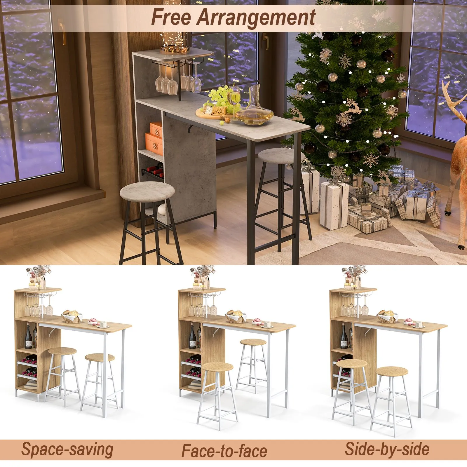 Costway 3PCS Bar Table Chair Set Industrial Dining Table Stools w/ Glass Holders & Wine Racks in Brown 6