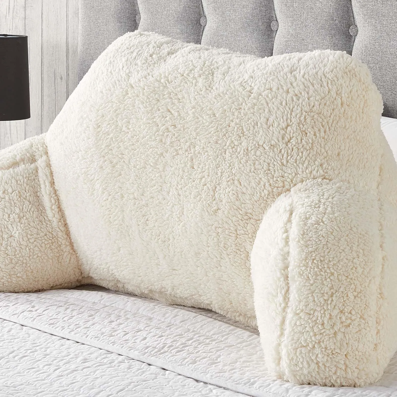 OHS Teddy Fleece Bed Reading Cushion Pillow with Arms Lumbar Support in Cream