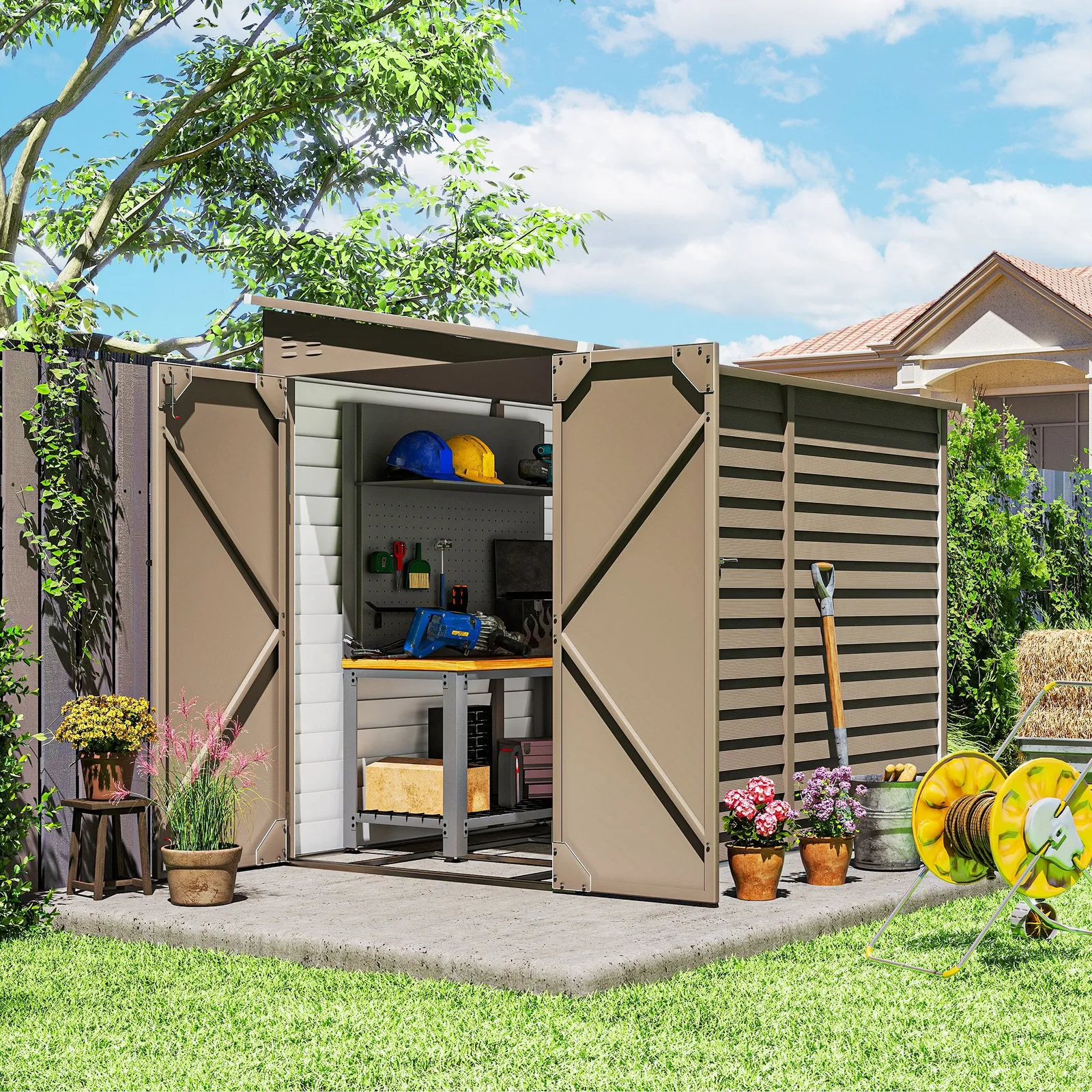OUTSUNNY 5 x 9ft Galvanised Metal Garden Shed with Foundation Kit, Brown