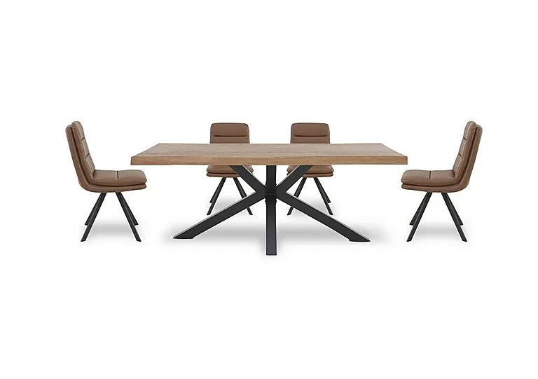 Njord 160cm Compact Raw Edge Dining Table with Metal Star Base and 4 Tan Faux Leather Swivel Chairs - Old Bassano