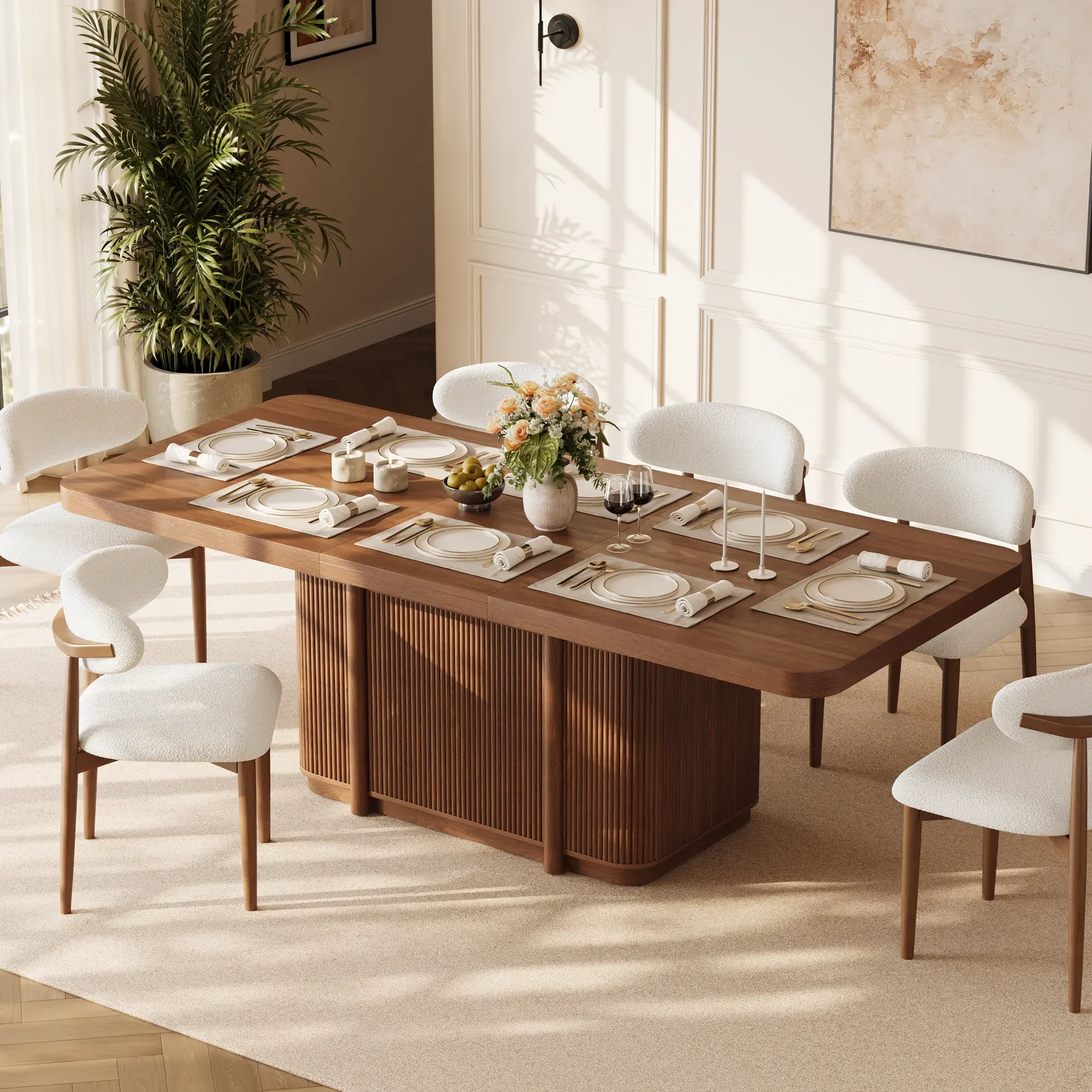 Lineva 180–230 cm Extendable Walnut Dining Table with Fluted Base, Seats 6–8