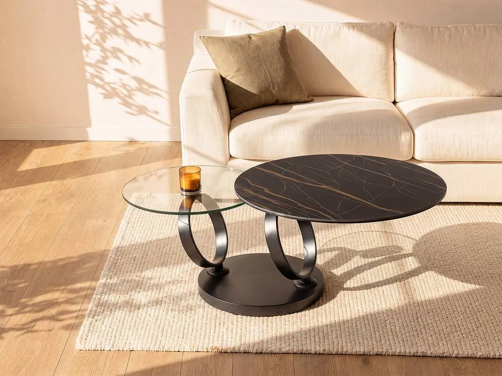 Vente-unique Coffee Table With Swivelling Trays - Ceramic & Tempered Glass - Black in Clear 3
