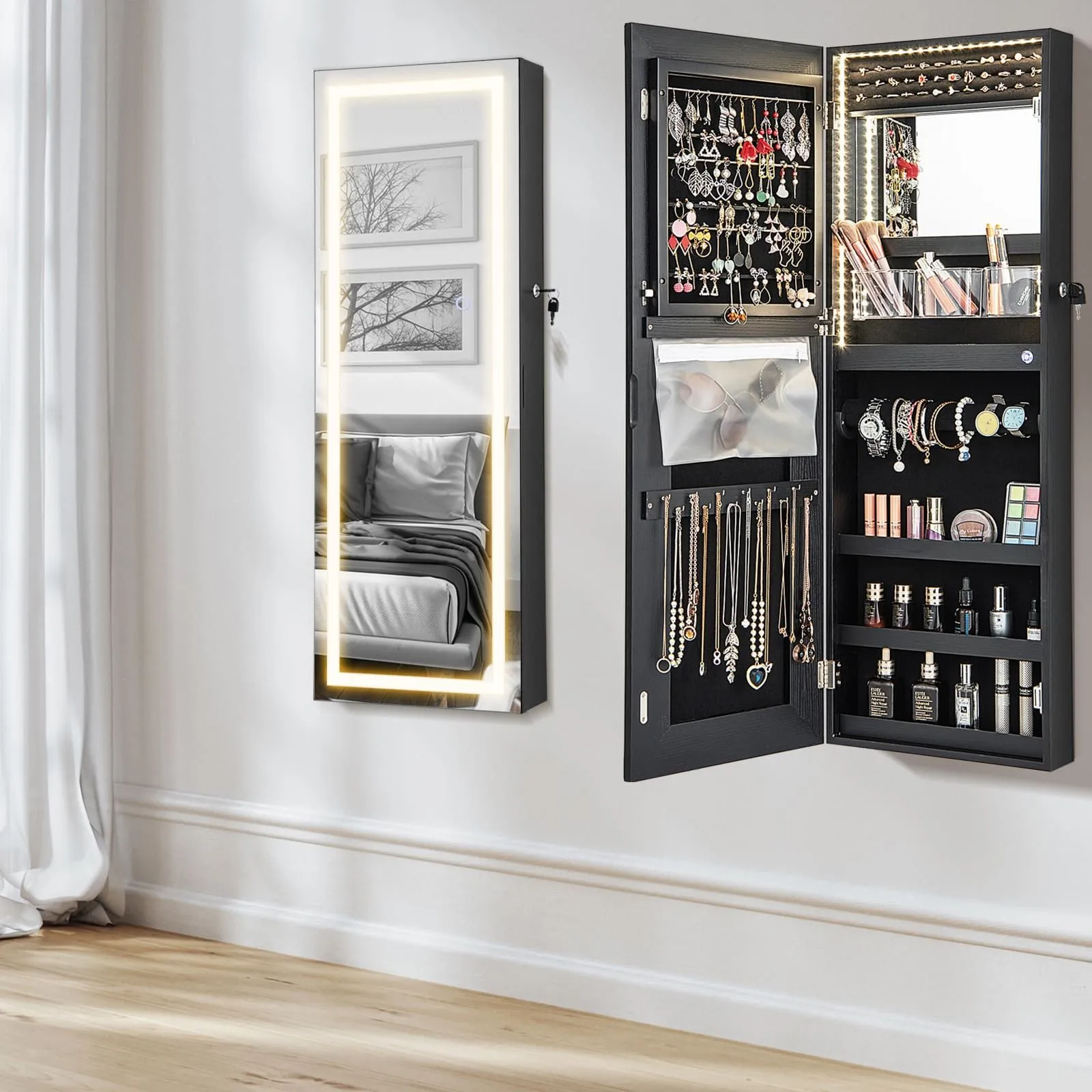 Costway 108cm Jewelry Mirror Cabinet Lockable Jewelry 3-Color LED Lights-Black in Black 6