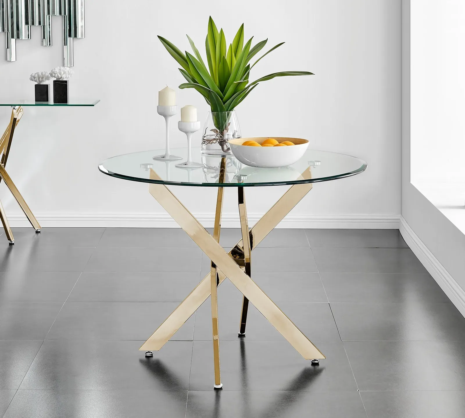 FurnitureboxUK Novara 100cm Round Tempered Glass Dining Table with Gold Legs & 4 Pesaro Velvet Chairs in Grey 5
