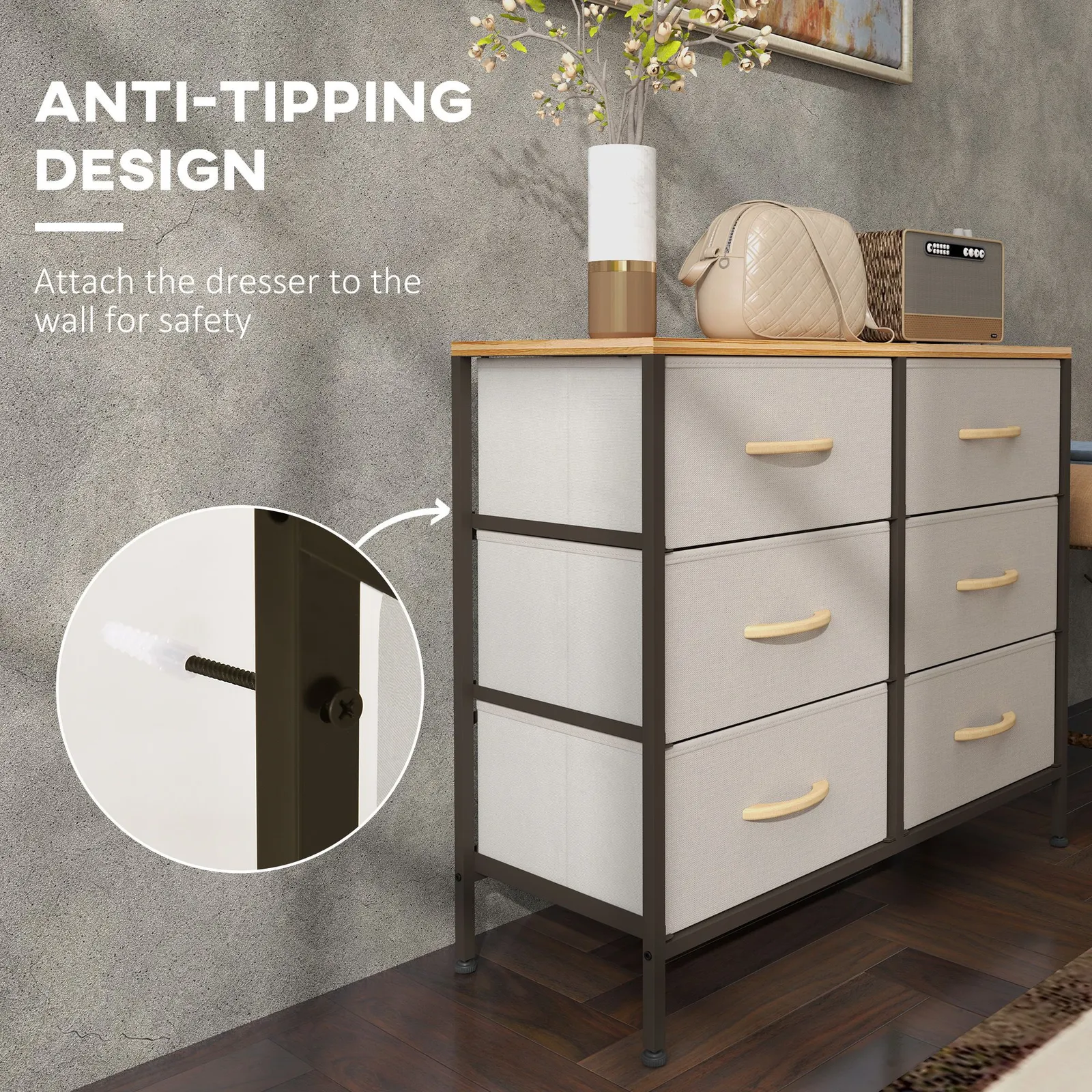 HOMCOM 6 Drawer Fabric Chest of Drawers w/ Wooden Top for Hallway Cream in Off-White 6