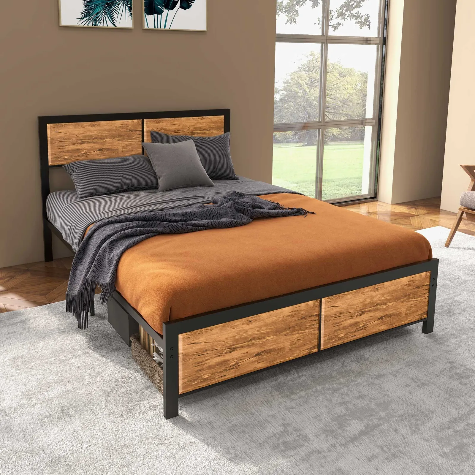 HOMCOM Bed Frame Steel Bed Base with Headboard Brown 2