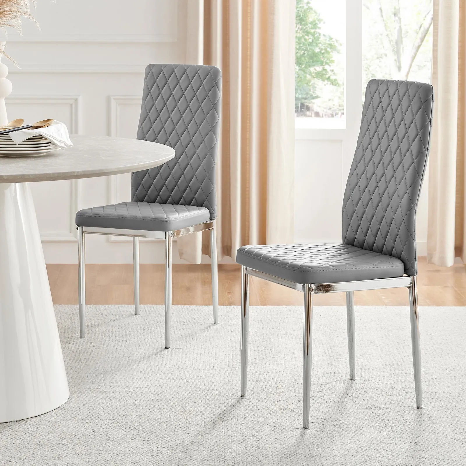 FurnitureboxUK Set of 4 Milan High Back Soft Touch Diamond Pattern Faux Leather Dining Chairs With Silver Chrome Metal Legs in Grey 2