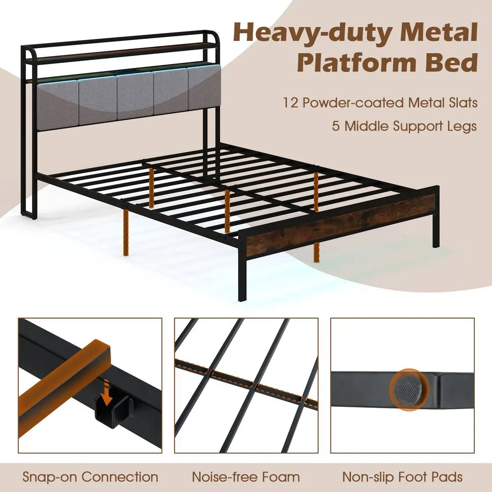 Costway King Size Bed Frame w/ LED Light & Charging Station-Brown in Brown 6