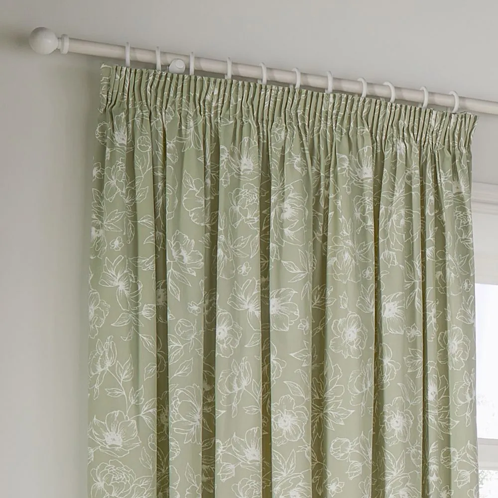 Wylder Bella Floral 100% Cotton Pencil Pleat Curtain Pair in Green 3
