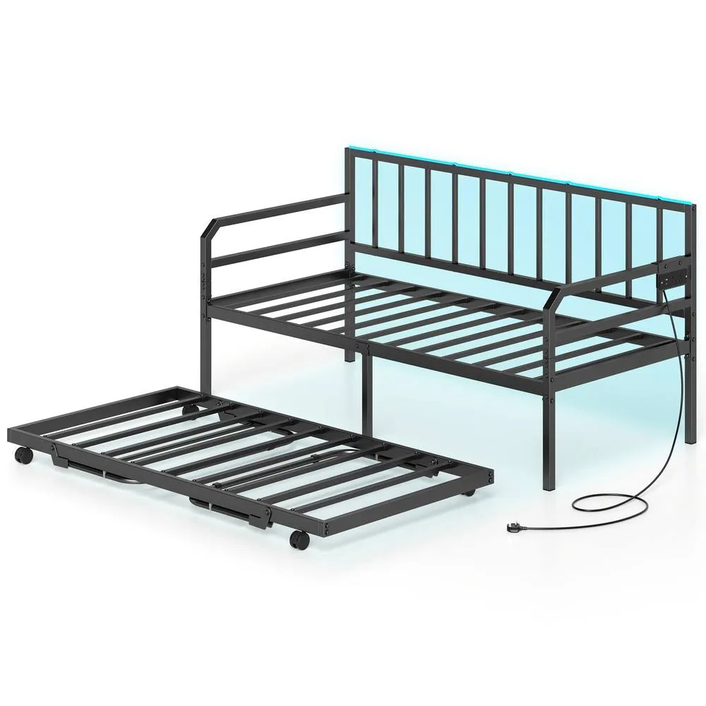 Costway Single Size Daybed with Charging Station & LED Lights in Black 3