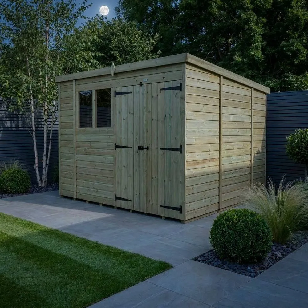 Buttercup Farm 10ft x 10ft Pent Garden Shed Double Door With Windows - Timber in Brown 3