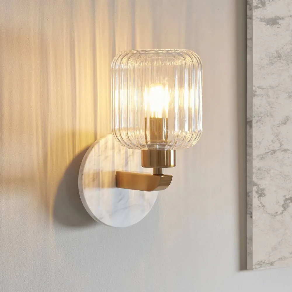 Netlighting Travi Ribbed Wall Lamp White Vintage Brass & Ribbed Glass E14 2
