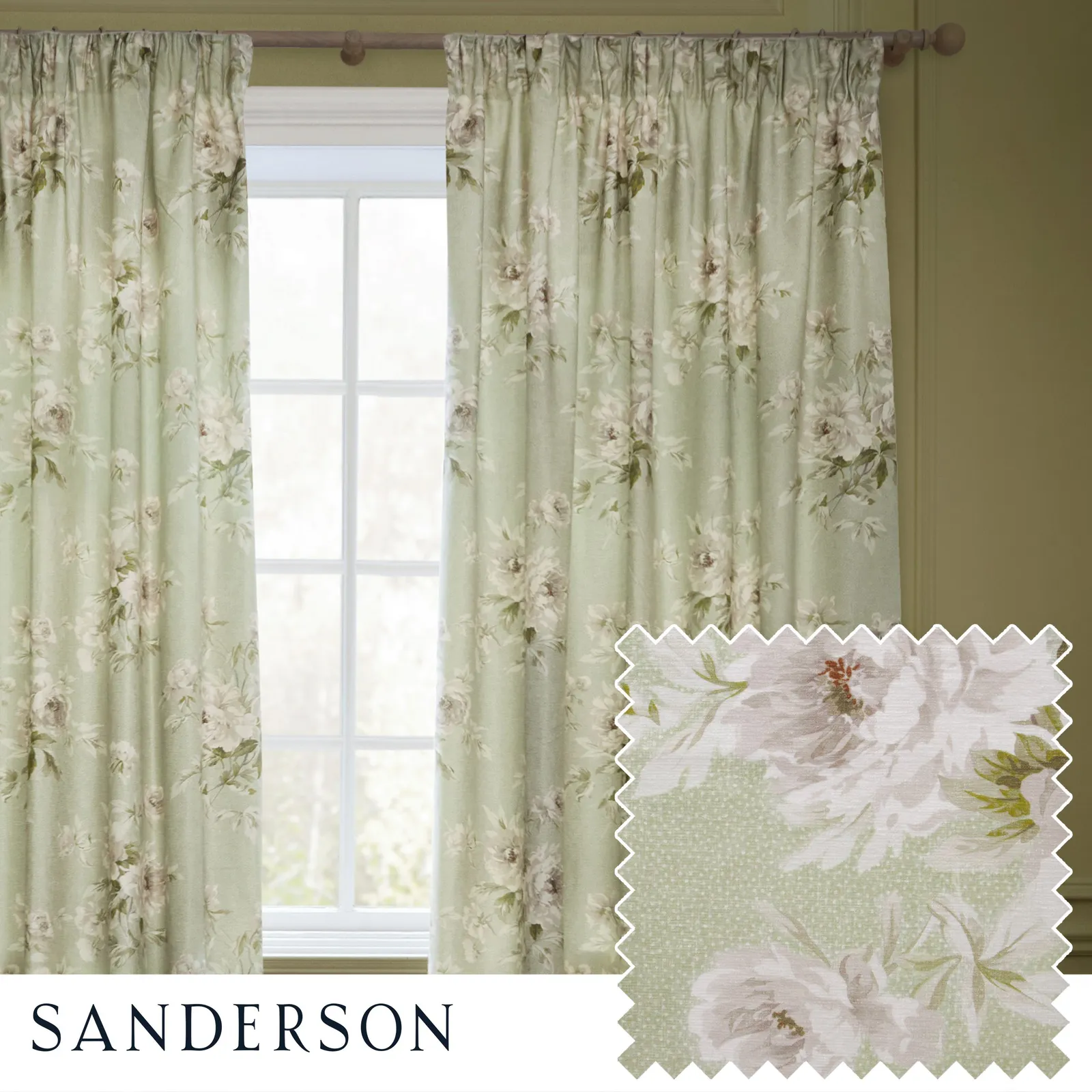 Sanderson Adele Floral Chenille Room Darkening Pencil Pleat Curtains in Light Green