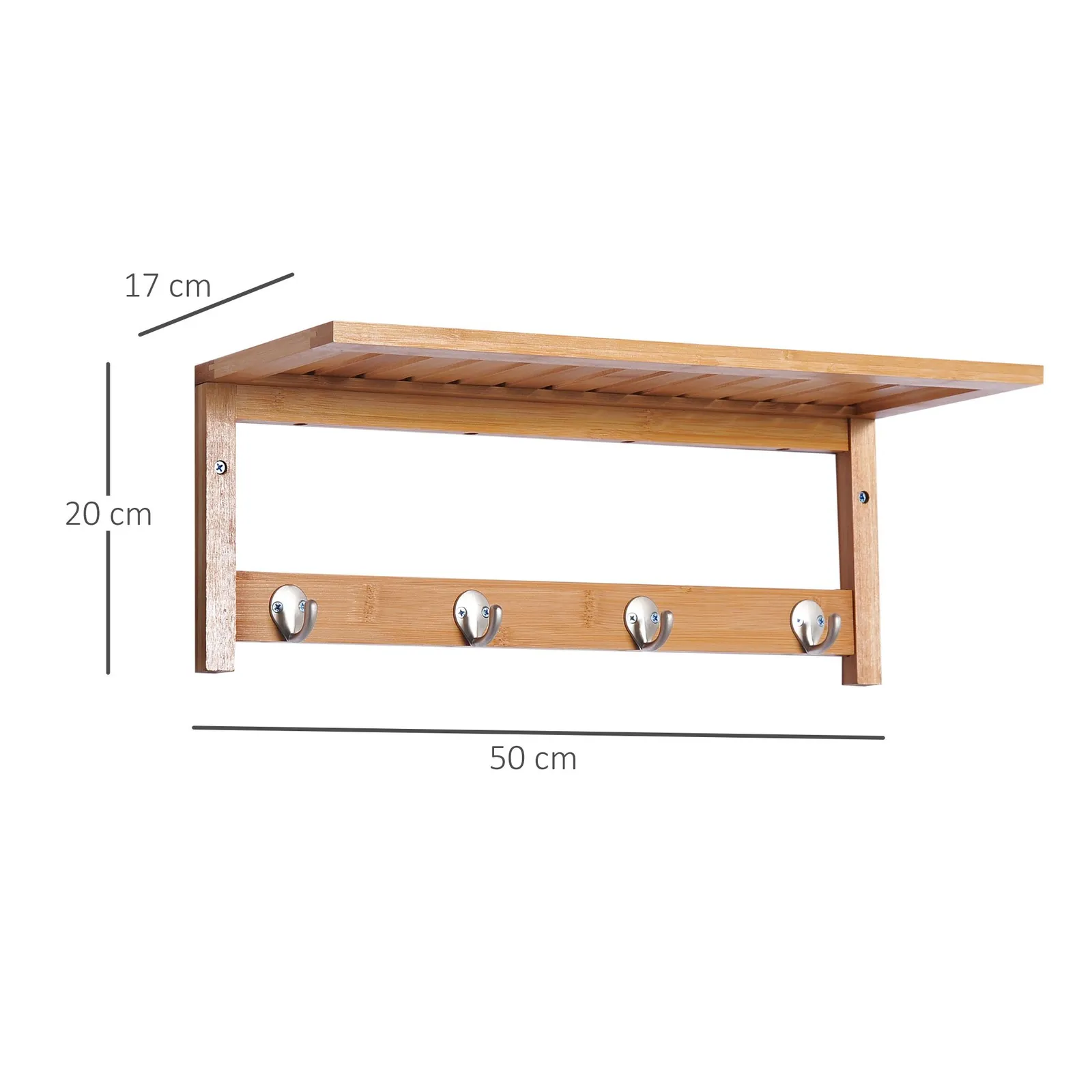 HOMCOM Mounted Shelf Clothes Rack Hanging Coat Hooks Hallway Wall Kitchen in Light Brown 3