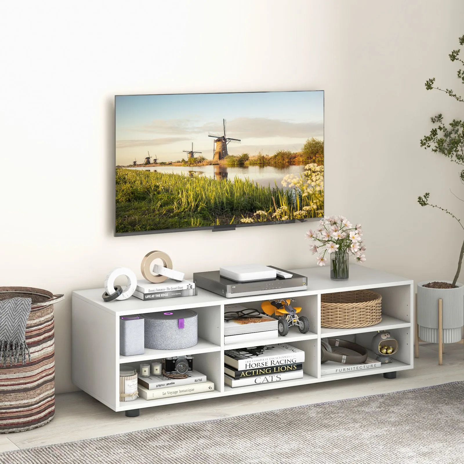Costway TV Stand for TVs up to 55 Inches Wooden 6 Storage Compartments TV Cabinet Table in White 6