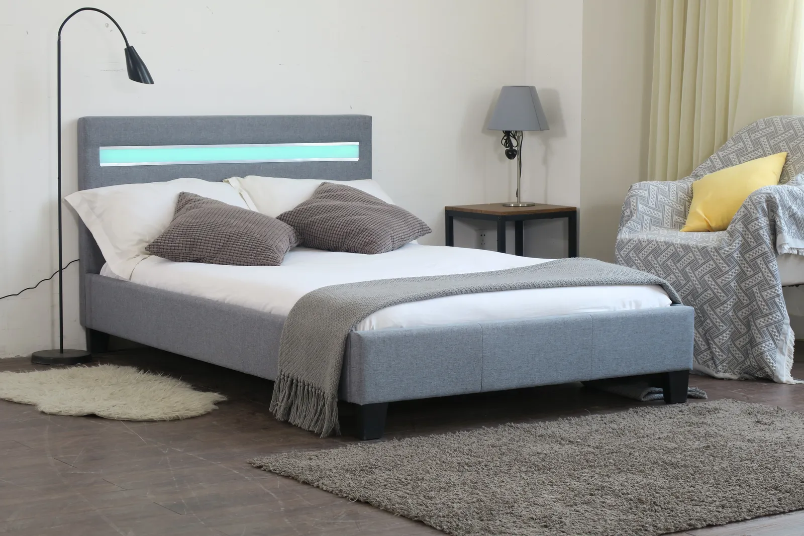 Comfy Living Ltd Modern Hopsack Fabric Upholstered Bedframe With LED Strip in Light Grey 2