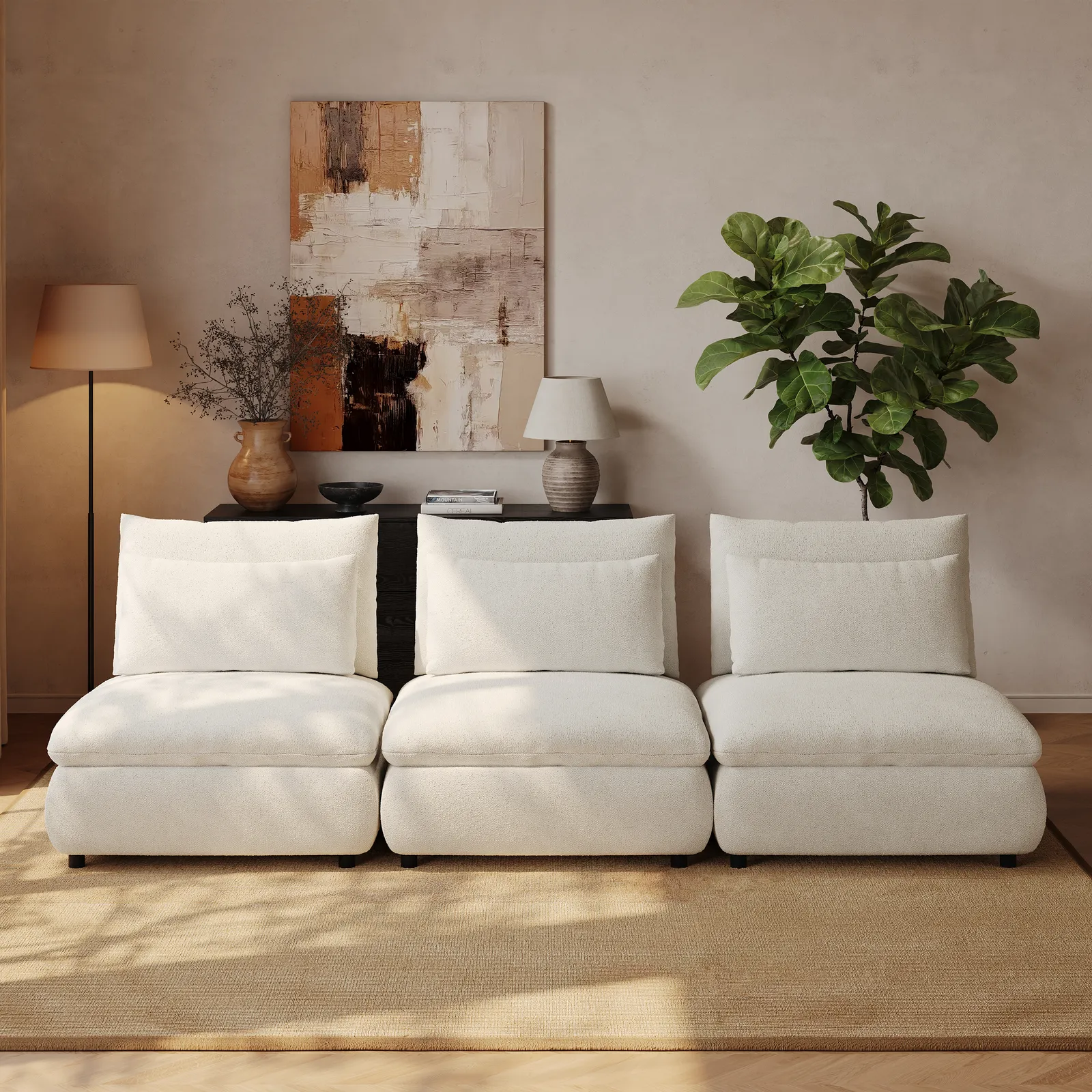 3-Piece Oatmeal Chenille Modular Sectional Sofa with Hidden Storage & Removable Backrest