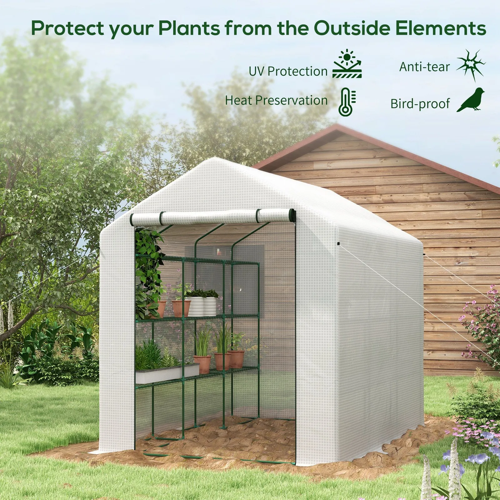 OUTSUNNY Walk-in Garden Greenhouse Shelves Polytunnel Steeple Grow House in White 4