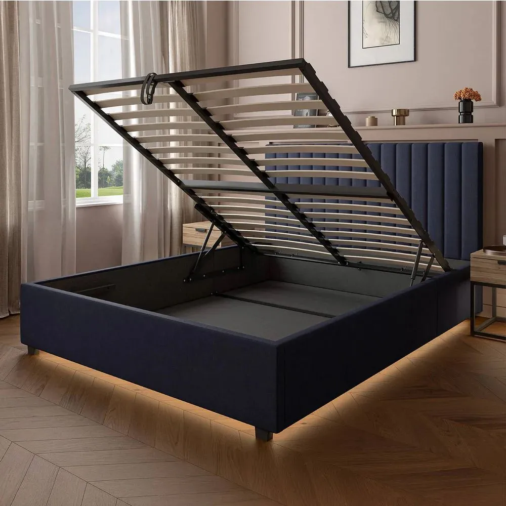 X Rocker Maisie Velvet Upholstered Ottoman Bed with Storage & LED Lights in Navy 5