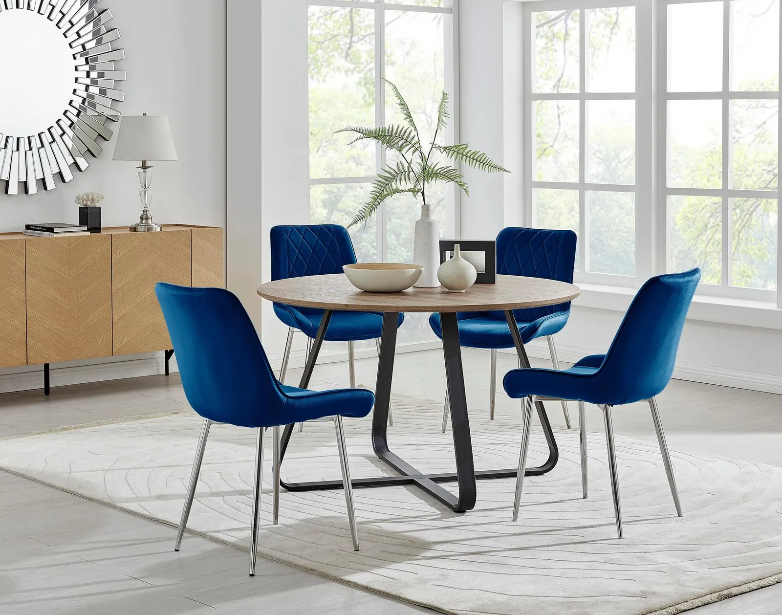 FurnitureboxUK Santorini Brown Round Dining Table & 4/6 Pesaro Silver Leg Chairs in Navy 1