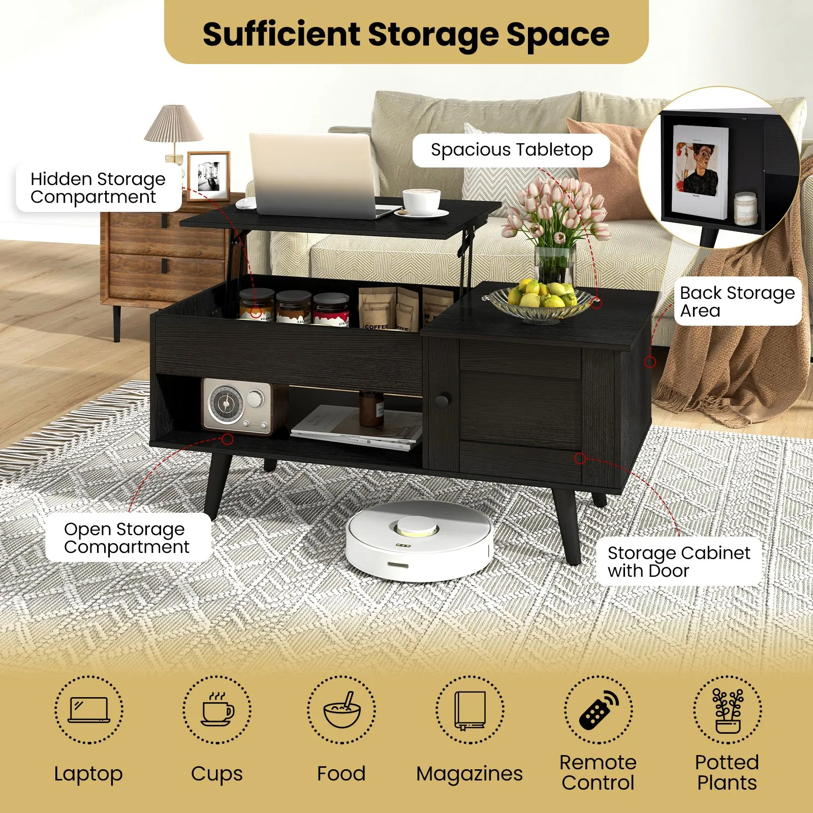 Costway Lift Top Coffee Table Pull up Coffee Table with Storage in Black 6