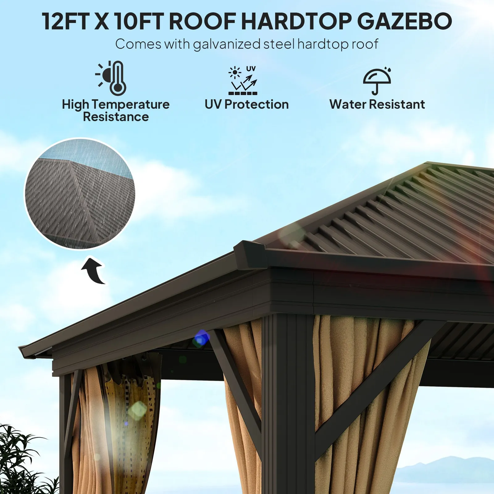 OUTSUNNY 3.6 x 3(m) Metal Garden Hardtop Gazebo with Screened Curtain Brown 4