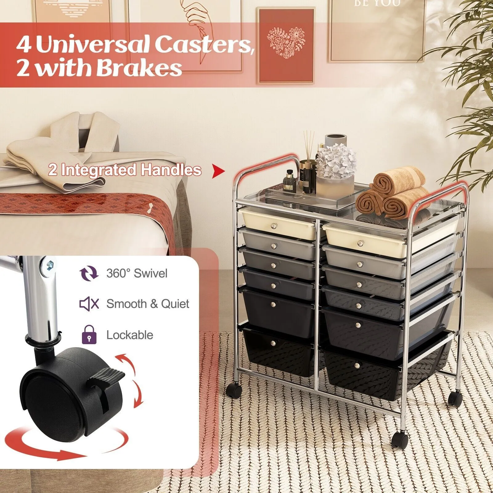 Costway 12 Drawer Rolling Storage Cart Office Lightweight Utility Cart w/Wheels in Black 5