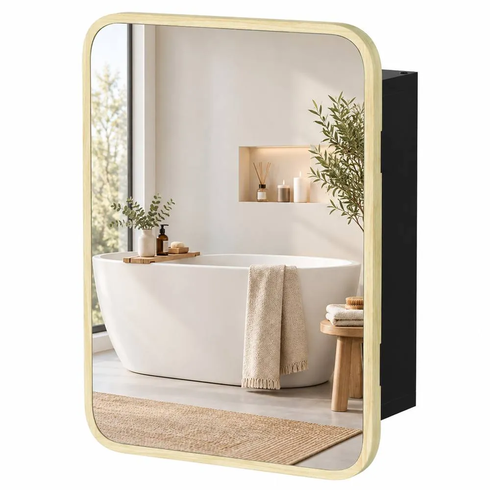 HOMCOM Bathroom Medicine Mirror Cabinet, Bathroom Wall Cabinet in Natural 1