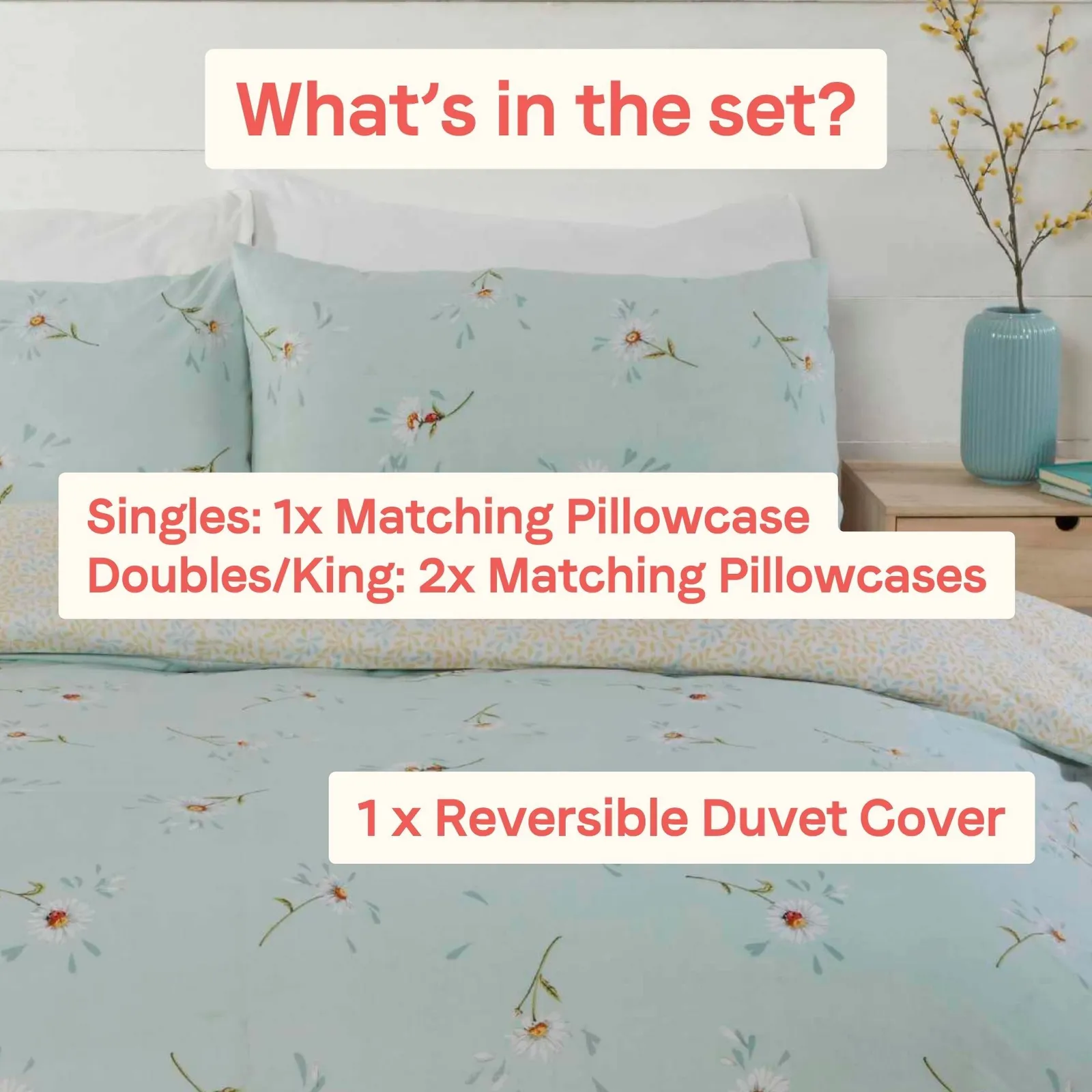 Rapport Home Daisy Floral Polycotton Duvet Cover Set with Pillowcase in Duck Egg Blue 5