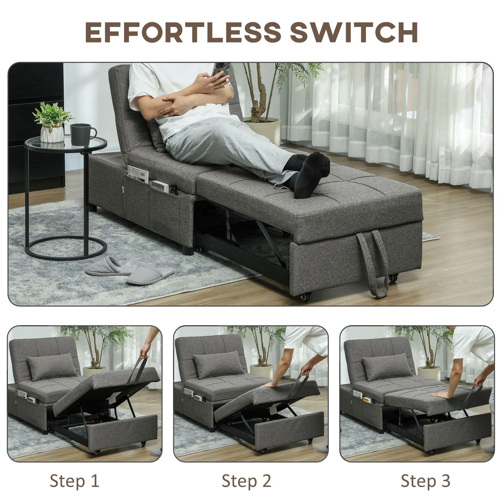 HOMCOM 4-in-1 Pull Out Sleeper Chair Bed with Pockets in Dark Grey 4